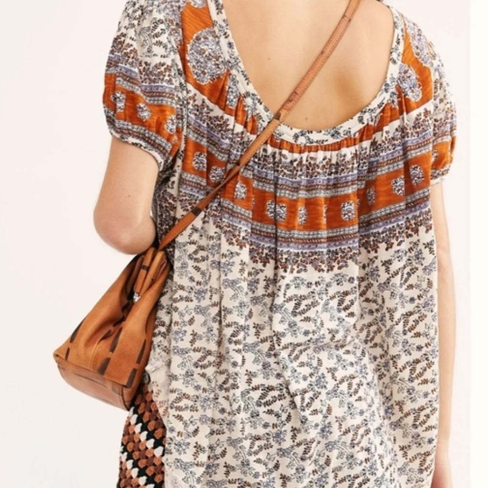 Free People Women’s Paisley Boho Puff Sleeve Open Scoop Back Top S